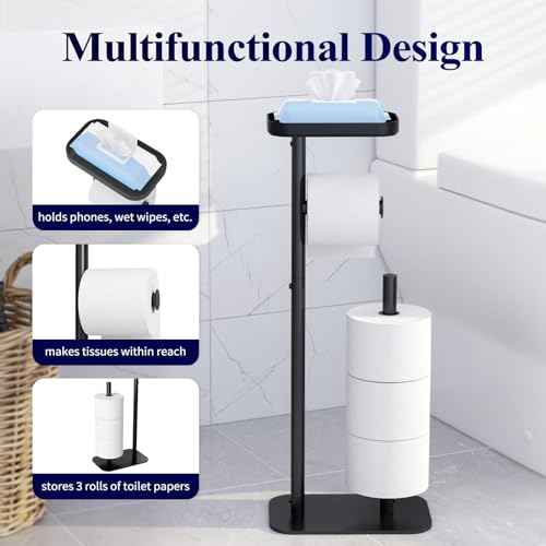 Kitsure Toilet Paper Holder Free Standing ? Rustproof Metal Toilet Paper Stand for 4 Rolls with Anti-Slip Base and Shelf for Phone & Small Items, Bathroom Organizers and Storage, Medium, Black