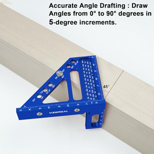ViewReal Blue 3D Multi-Angle Aluminum Woodworking Square Ruler 22.5–90° Protractor