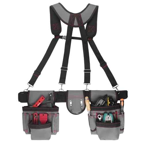 Tool Belt With Suspenders, Heavy Duty Carpenter Tool Belt with 22 Pockets - Adjustable Lightweight Electrician for Construction, Framing, Carpentry Work