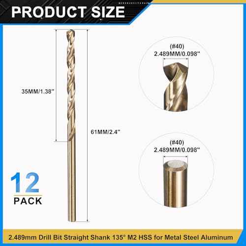 PATIKIL #40 Drill Bit, Jobber Straight Shank M2 High-Speed Steel 135¡Æ Gold Finish for Stainless Steel Hard Metal - 12 Pack