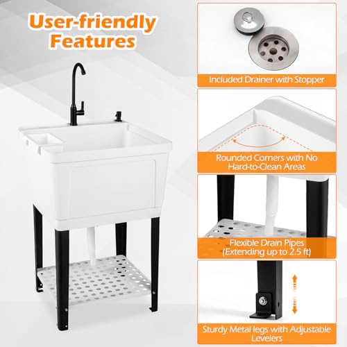 Giantex 23.2 Gal Freestanding Utility Sink with Faucet, Drain Kit & Storage Shelf