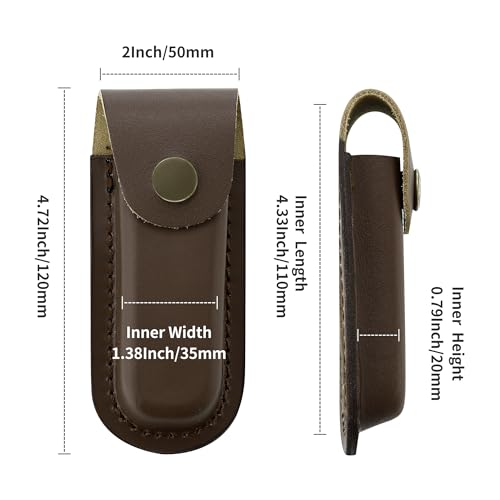 Leather Pocket Knife Sheath, 4'' Pocket Knife Pouch, Folding Knife Belt Sheath with Snap Closure and Vertical Carry Belt Loop, Knife Holster for Outdoor or Daily Use, Medium Size, Brown