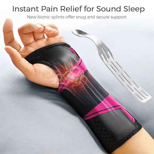 FREETOO Carpal Tunnel Wrist Brace Night Support Fit Right Hand for Work, Pain Relief Wrist Splint for Tendonitis, Sprain, Strain, Rigid Hand Brace for Arthritis for Women and Men (S/M, Black/Pink)