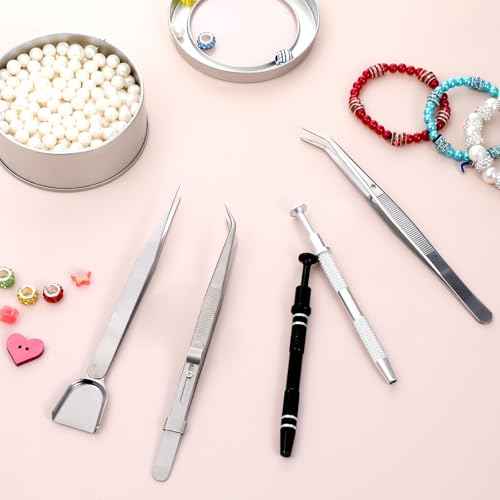 4PCS Piercing Ball Grabber Tool, Stainless Steel 4 Claw Pearl Grabber Jeweler Ball Screw Sprinkle Pen Tweezers with Shovel Head Spoon Decoration Tools for Small Parts Pickup(Black Silver)