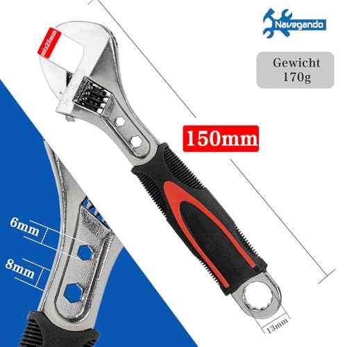 Navegando 6-Inch Adjustable Wrench, Adjustable Spanner for Tight Spaces, High Carbon Steel with Non-Slip Grip, Fits 6-22mm Nuts/Bolts, Perfect for Plumbing & Automotive Repair