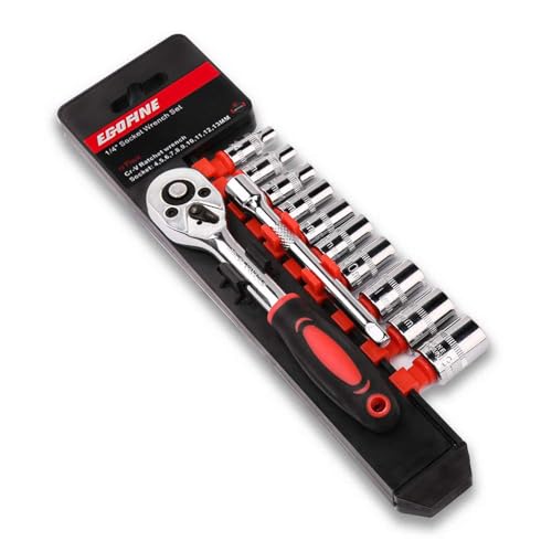 Egofine 12-Piece 1/4 Inch Mini Ratchet Socket Set with 10 Sockets, Quick Release Handle & Extension Bar - Metric Sizes