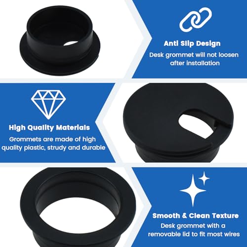 SDTC Tech 3-Pack Black Plastic Desk Grommet 25mm Cable Cover Organizer