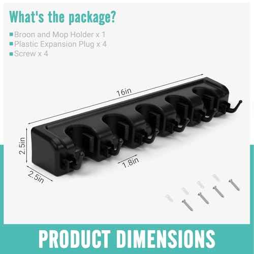 Broom and Mop Holder, Wall Mounted Organizer Mop and Broom Storage Tool Rack with 5 Ball Slots and 6 Hooks (1Pack)