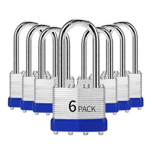 Padlocks Keyed Alike, Pack of 6, Laminated Steel Keyed Lock (1-9/16", 40mm), Padlocks with Same Key, Long Shackle, for Toolbox, Locker & StorageUnit or More