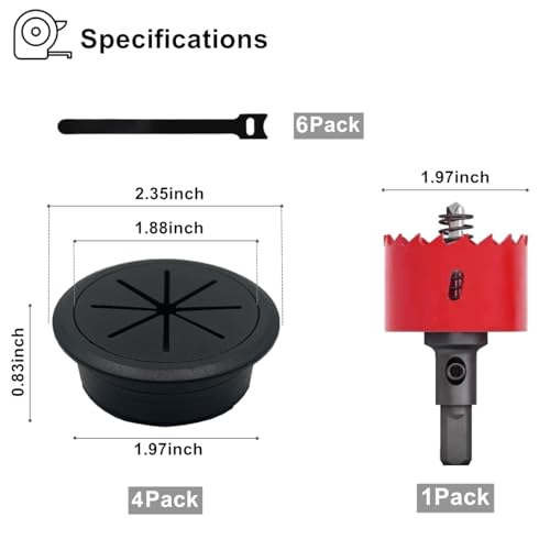 ZLTASYRY 50mm/2 Inch Black Desk Grommet Pack of 4 with Hole Saw & Cable Ties