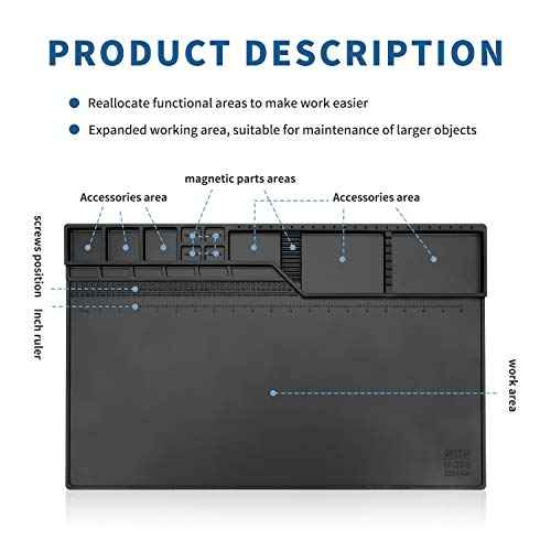 HengTianMei-203 Black Magnetic Repair Work Mat Heat Resistant Large Silicone Soldering Mat Expand Work Area for Soldering, Electronics, Computer Repair Etc