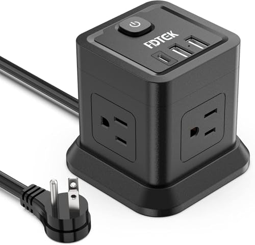 FDTEK Power Strip with USB-C, 4 Outlets & 3 USB Ports, 5FT Extension Cord, Black - Model Variation: 5FT USB-C