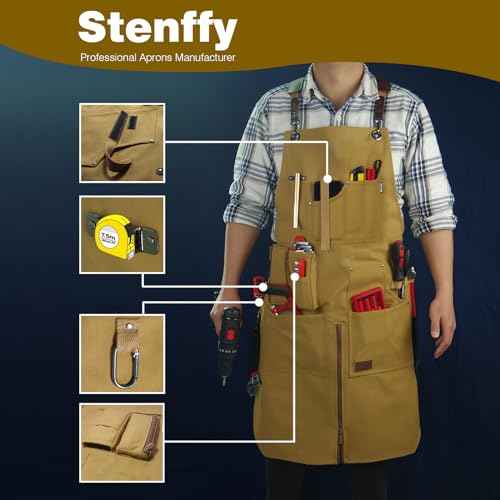Woodworking Apron, Tool Apron, Canvas, Multiple Pockets, Adjustable Zipper, Metal Ring, Tape Measure Clip, Plus Size, Khaki.