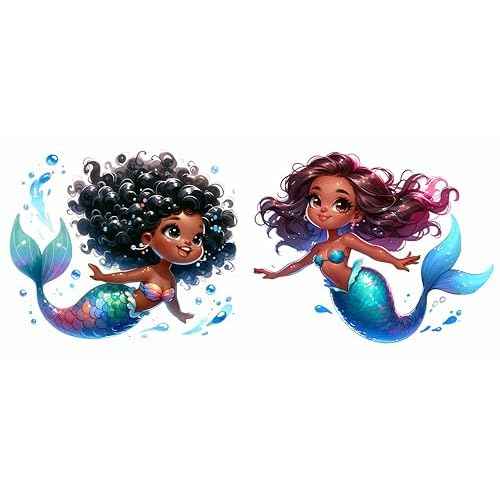 Black Mermaid Wall Decals, African American Girl Bedroom Wall Stickers,Waterproof Vinyl Removable Wall Decor for Black Baby Girl Nursery Kids Teens Room Home