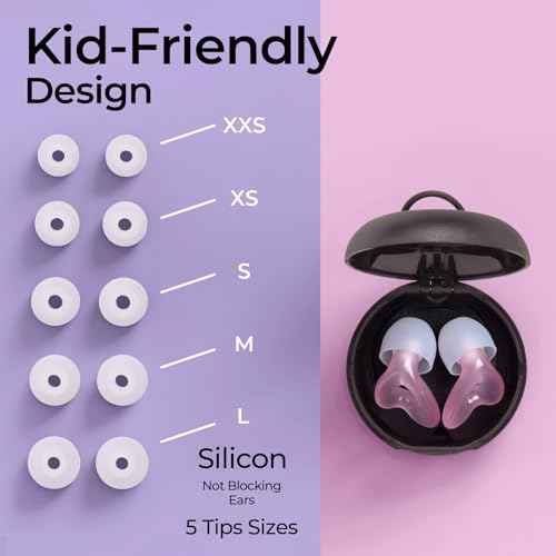 Kids Ear Plugs (6-12 yrs) - Reusable Noise Cancelling Ear Protection with 5 Ear Tip Sizes (XXS - L) for School, Sports, Playground - 23dB Noise Reduction for Focus and Comfort