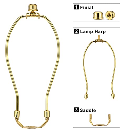 Qc Polished Brass 8 Inch Lamp Harp Set with Shade Holders & Finials - Heavy Duty for Table & Floor Lamps