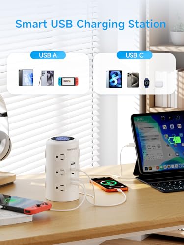 10FT White Tower Power Strip with 20W PD USB-C Fast Charging Port