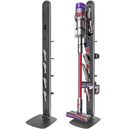 Metal Vacuum Stand for Dyson Gen5 V15 V12 V11 V10 V8 V7 V6 Cordless Vacuum Organizer with 4 Hooks & 4 Shelves, Hidden Cable Design, Space-Saving Attachment Holder for Dyson Cordless Vacuums