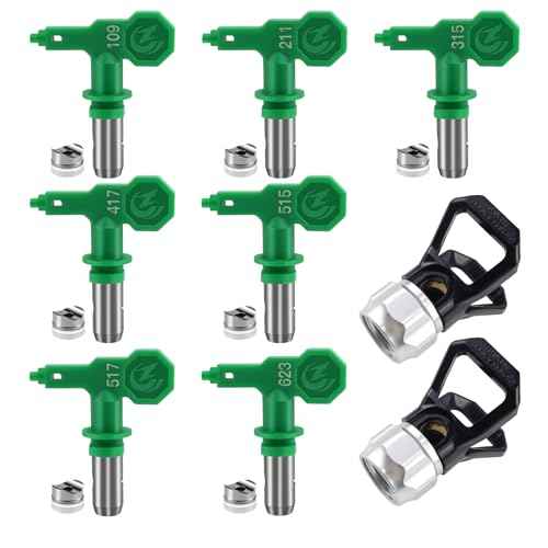7 Pcs Airless Sprayer High Pressure Tips Reversible Spray Nozzle Tips with 2pcs Tip Guards for Airless Paint Spray Guns (109, 211,315, 417, 515, 517, 623)
