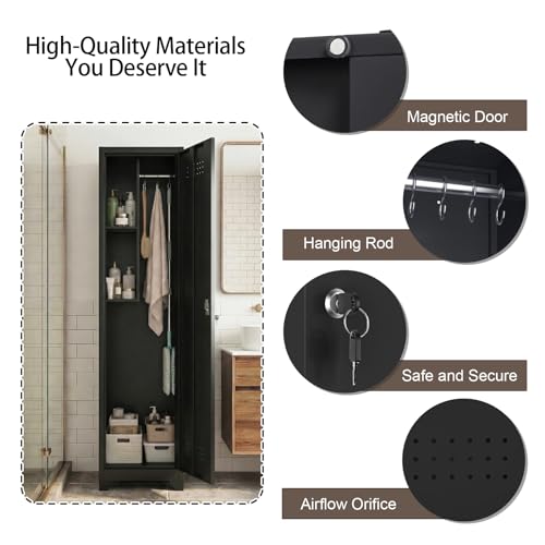 FATIGOS Slim Broom Closet Cabinet, Black Metal Storage Cabinet 65x15.8x15.8 with Lock, S-Hooks