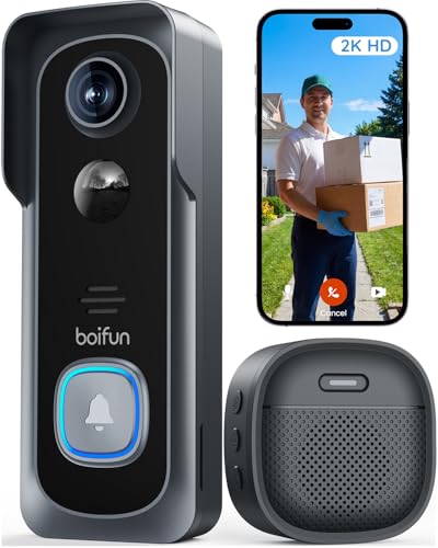 BOIFUN Wireless Video Doorbell Camera 2K HD Black - No Subscription Required