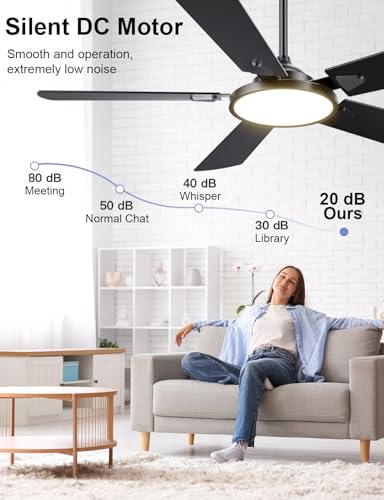 OJX 52 Inch Black Ceiling Fan with Lights, Remote & APP Control