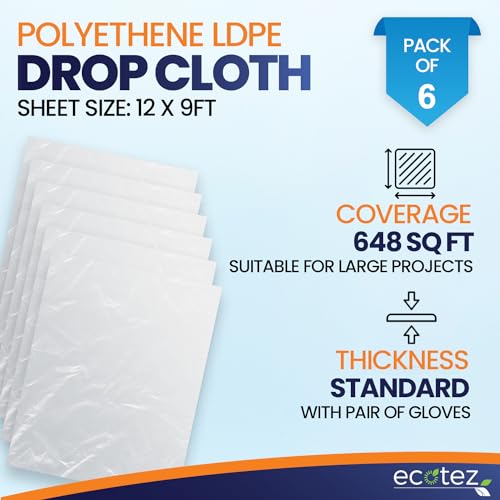 Ecotez 6 Pack 12x9 ft Extra Large Plastic Drop Cloth for Painting - Standard Variant