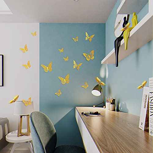 SAOROPEB 3D Butterfly Wall Decor - 48 Pcs, 4 Styles, 3 Sizes, Gold Butterfly Decorations for Birthday & Party Celebrations, Removable Stickers