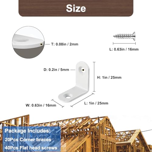 HANFUGA 20 Pack White 1 Inch Stainless Steel Corner Brackets with Screws for DIY Furniture, Wood Frames, 90 Degree Joint