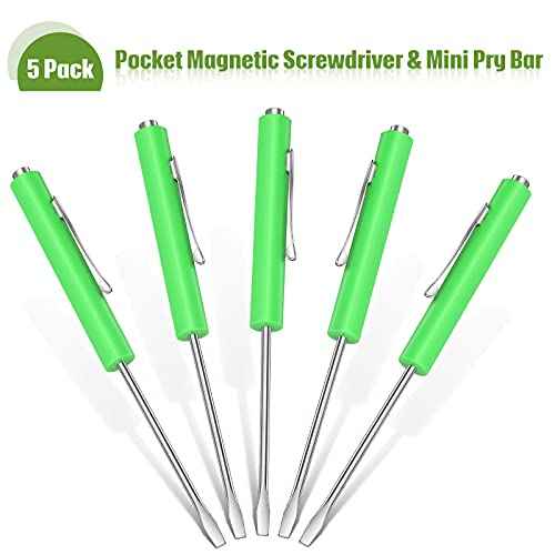 Honoson 5 Pieces Magnetic Mini Pocket Screwdriver with Clip Small Flathead Head Screwdriver Tool Set for Home Office Gadgets Repair Tool Mechanics Electricians Technician(Green)