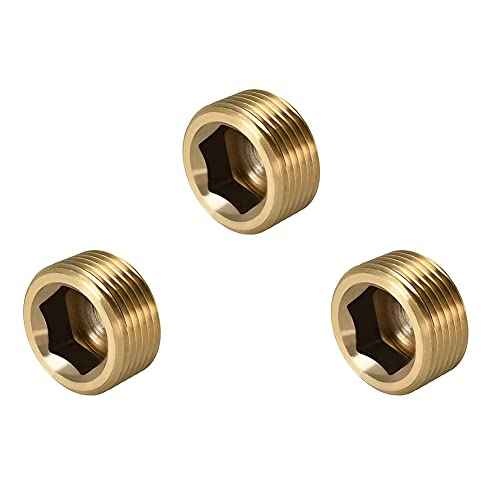 1" NPT Plug Brass Pipe Fitting, Counter sunk Thread Internal Hex Head Style Male Pipe (Pack of 3)