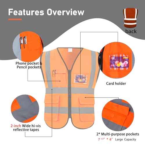 High Visibility Vest Safety Vest with Pockets and Zipper Meets ANSI/ISEA Standard(1 Pack 5 Pack)