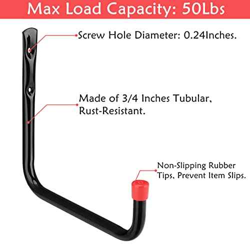 8 Pack Wall Mount Storage Hooks, 9.6IN Garage Utility Hanger for Ladder, Hold Chairs, Garden Tool, Hose, Bike Black +Red 9.6Inch x 8.8Inch