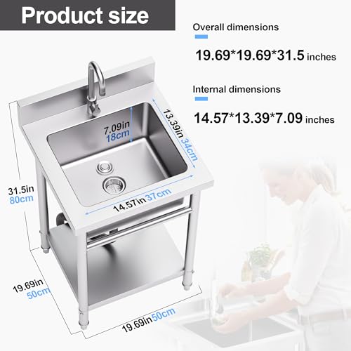 19in Stainless Steel Utility Sink with Hot & Cold Water Pipes - Free Standing Kitchen & Laundry