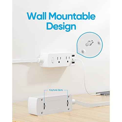 Power Strip Surge Protector, Olcorife Ultra Thin Flat Plug Extension Cord 5ft, 6 Outlets 3 USB Ports(1 USB C), 3 Sided Outlet Extender for Home Office Travel Dorm Room Essentials, White