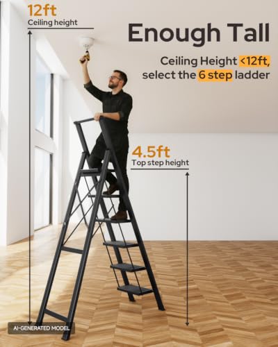 Black Foldable 6 Step Ladder Stool - Lightweight Aluminum, Anti-Slip, 300 lbs Capacity