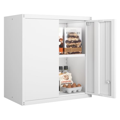 Wall Mounted Storage Cabinet, Metal Garage Cabinet in White, 27.95H, 2 Adjustable Shelves