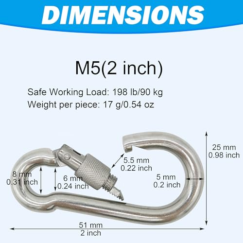 Outmate 2 Inch (M5) Heavy Duty Stainless Steel Carabiners 12-Pack, Rust-Free & Durable Clips for Outdoor & Indoor Use
