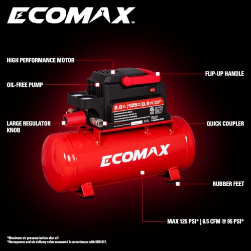 ECOMAX 2 Gallon Portable Air Compressor 125 PSI Oil-Free Lightweight with Accessory Kit