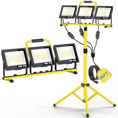 26400LM LED Work Lights with Stand, 3 Adjustable Head Portable Worklight with 26FT Cord Switch and Foldable Tripod, IP66 Waterproof 5000K for Outdoor Indoor Construction Job Sites Workshops Garage