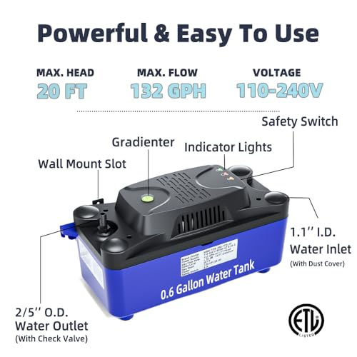 MSELTOS Condensate Pump 1/30 HP 132 GPH with 20FT Tubing for HVAC, AC, Dehumidifier, Furnace