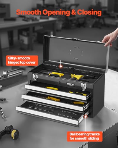 VEVOR 20.5-Inch Metal Tool Box with 3 Drawers, Auto-Lock Top Box – Black (3-Drawer Variant)