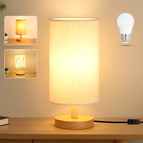 EZIYIN Flax White Bedside Table Lamp with Wooden Base & LED Bulb - Small Nightstand Light for Bedroom & Office