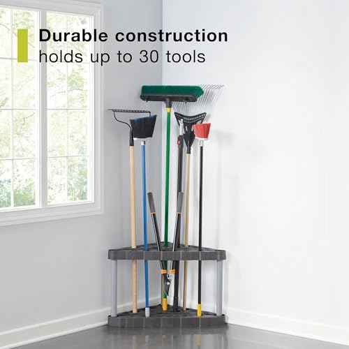 Rubbermaid Plastic Garage Corner Tool Tower Rack, Easy to Assemble, Organizes up to 30 Long-Handled Tools/Rakes/ Brooms/Shovles for Home/House/Outdoor/Sheds