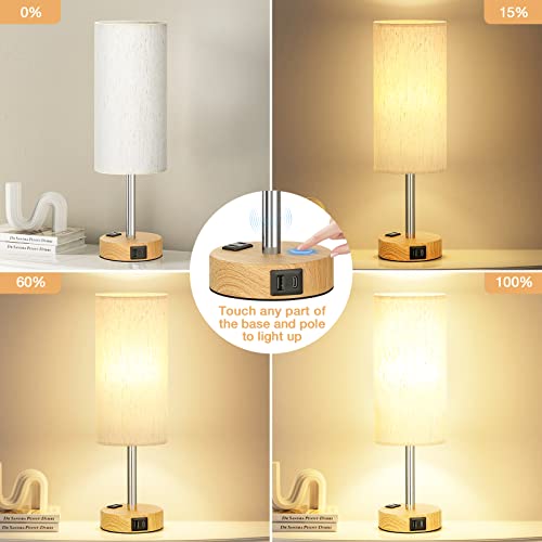 Fenmzee Cream Shade Wood Base Dimmable Touch Bedside Table Lamp with USB-C, USB-A & Outlet