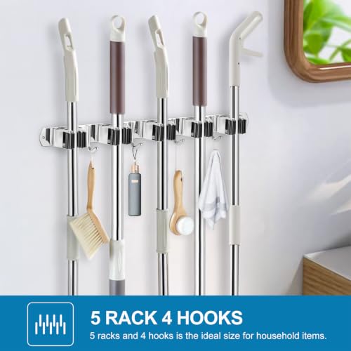 IMILLET 2 Pack Stainless Steel Wall Mount Broom & Mop Organizer with 5 Racks & Hooks