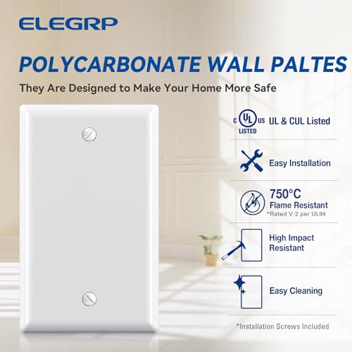 ELEGRP 5 Pack White 1-Gang Blank Wall Plates, Unbreakable Thermoplastic, Standard Size