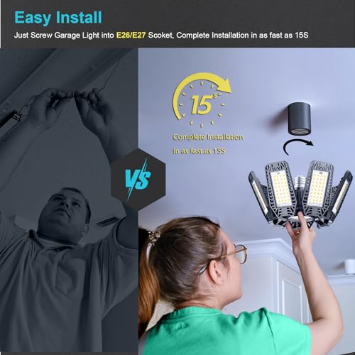 CHENGCHILIT 2 Pack 200W LED Garage Ceiling Lights, 20,000 Lumens, 7+1 Adjustable Panels, E26/E27 Socket, Bright Workshop & Storage Lighting