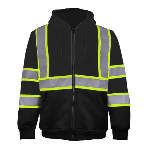 Hi Vis Safety Hoodie for Men ANSI Class 3, Reflective Jacket Zip Hoodie with Black Bottom for Construction Work
