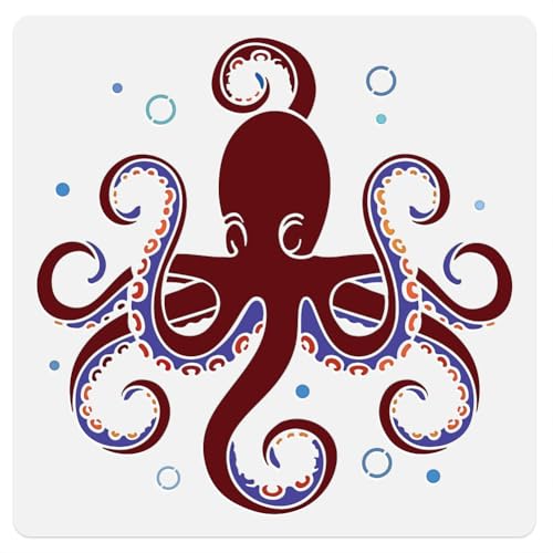 Octopus Sea Wall Stencil Template 11.8 x 11.8 Inch Reusable Plastic Ocean Themed Stencil for Painting on Wood Wall Floor Tile Fabric Glass DIY Home Decor
